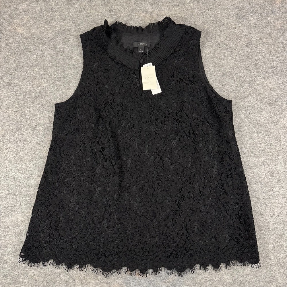 J Crew Lace Ruffle‎ Neck Sleeveless Blouse Lined H2203 Black Womens Medium M